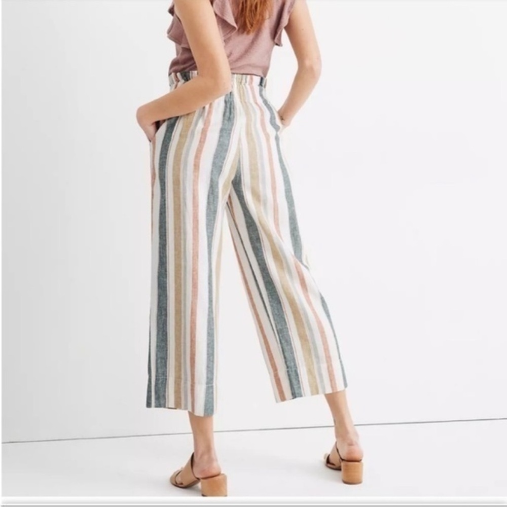 LAST CALL - Madewell Tie-Waist Huston Pull-On Crop Linen Pants In Stripe Size XS